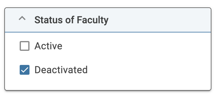 Deactivated checkbox selected under Status of Faculty section