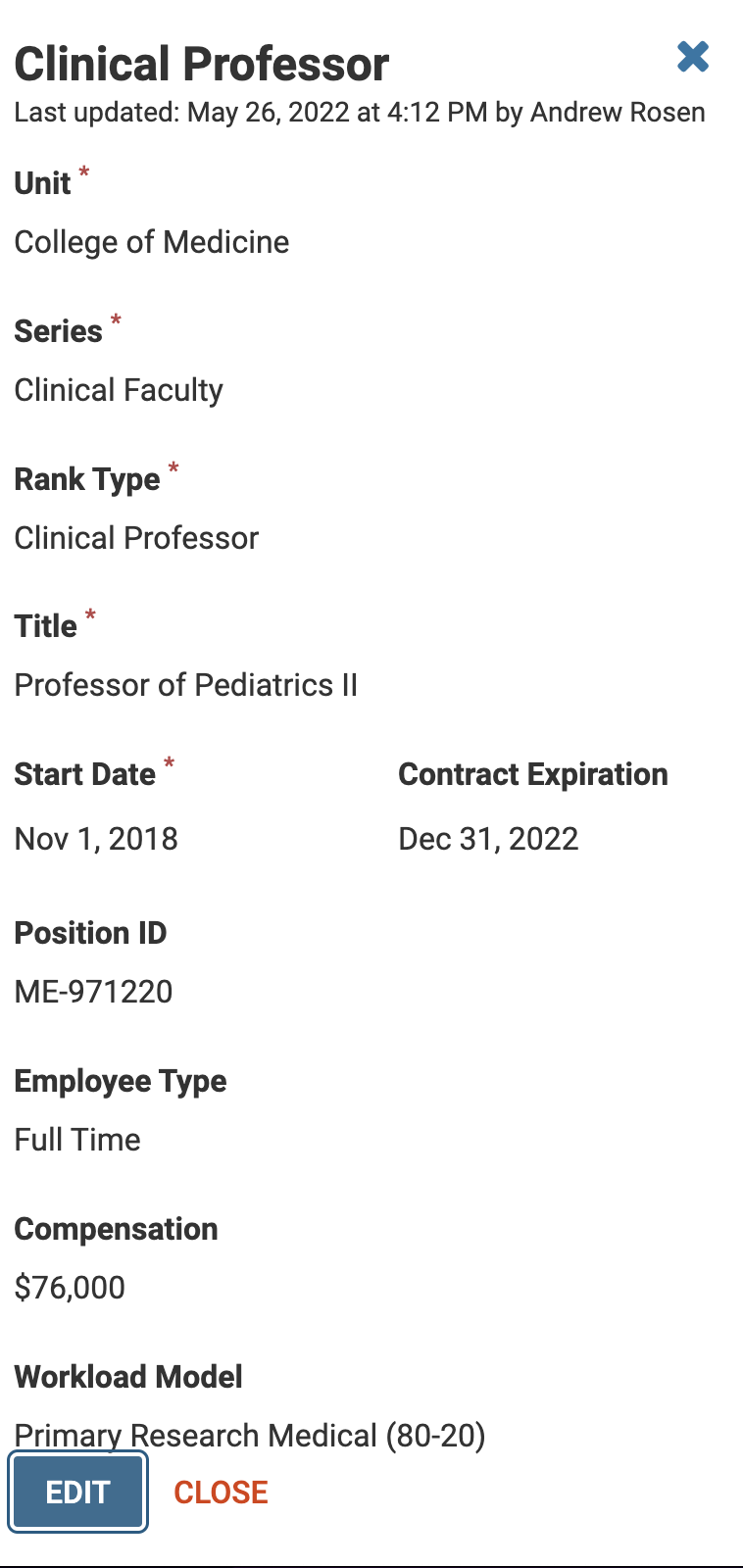Edit button selected at the bottom of the Clinical Professor information
