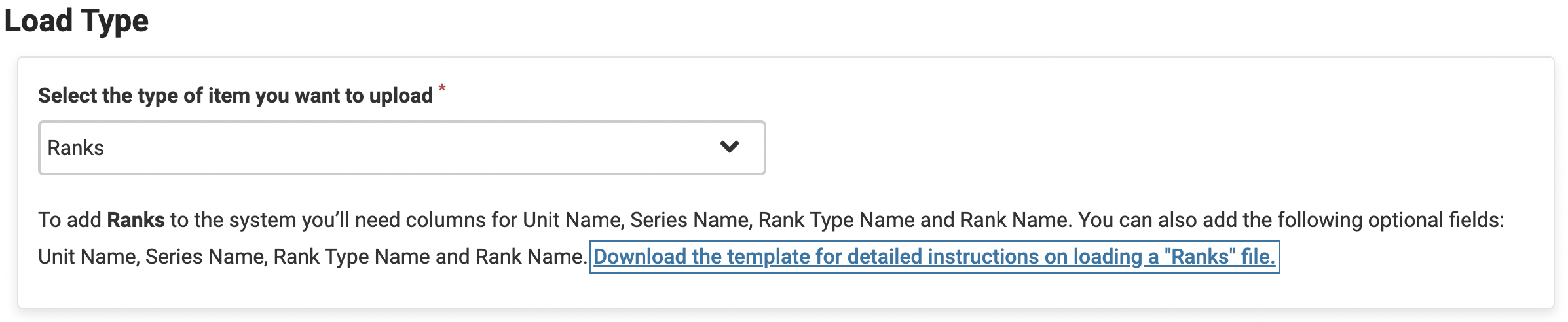 Load Type section with Ranks selected and the Download the template for detailed instructions on loading a "Ranks" file link selected