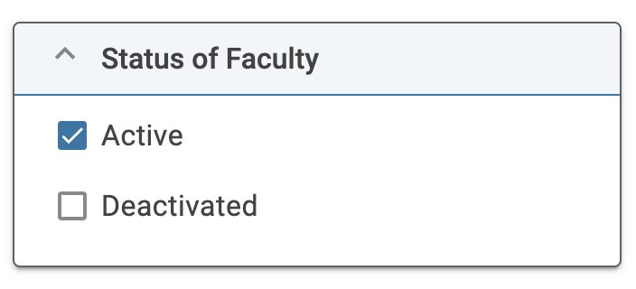 Status of Faculty section with Active and Deactivated checkboxes below
