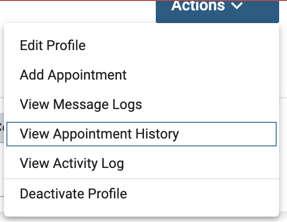 View Appointment History selected under the Actions dropdown