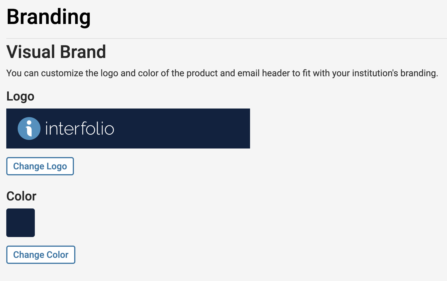Visual Brand section below the Branding page with a Logo section with a Change Logo button and a Color section with a Change Color button
