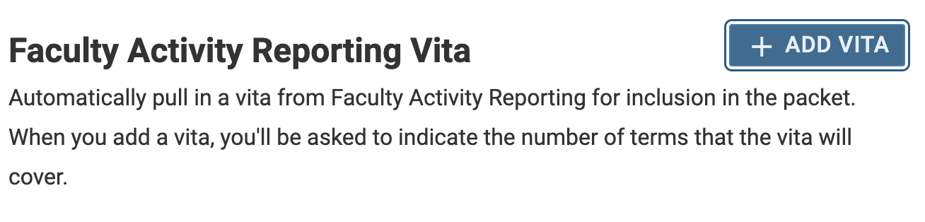 Faculty Activity Reporting Vita section with Add Vita button selected