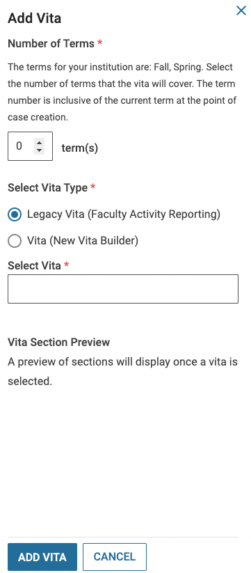 Add Vita section with terms, select Vita Type and Select Vita field as subsections