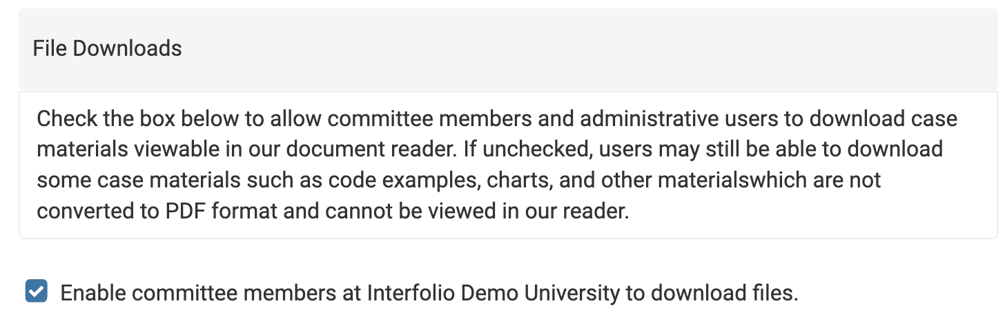 File Downloads section with checkbox clicked adjacent to Enable committee members at Interfolio Demo University to download files