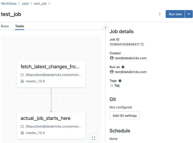Job workflow showing the job start by syncing changes from a remote repo to a local notebook.