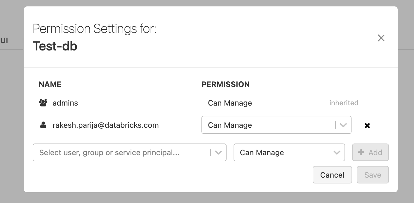 Permission settings menu listing users and permissions.