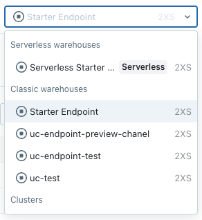 Cluster and warehouse drop down menu in Data Explorer.