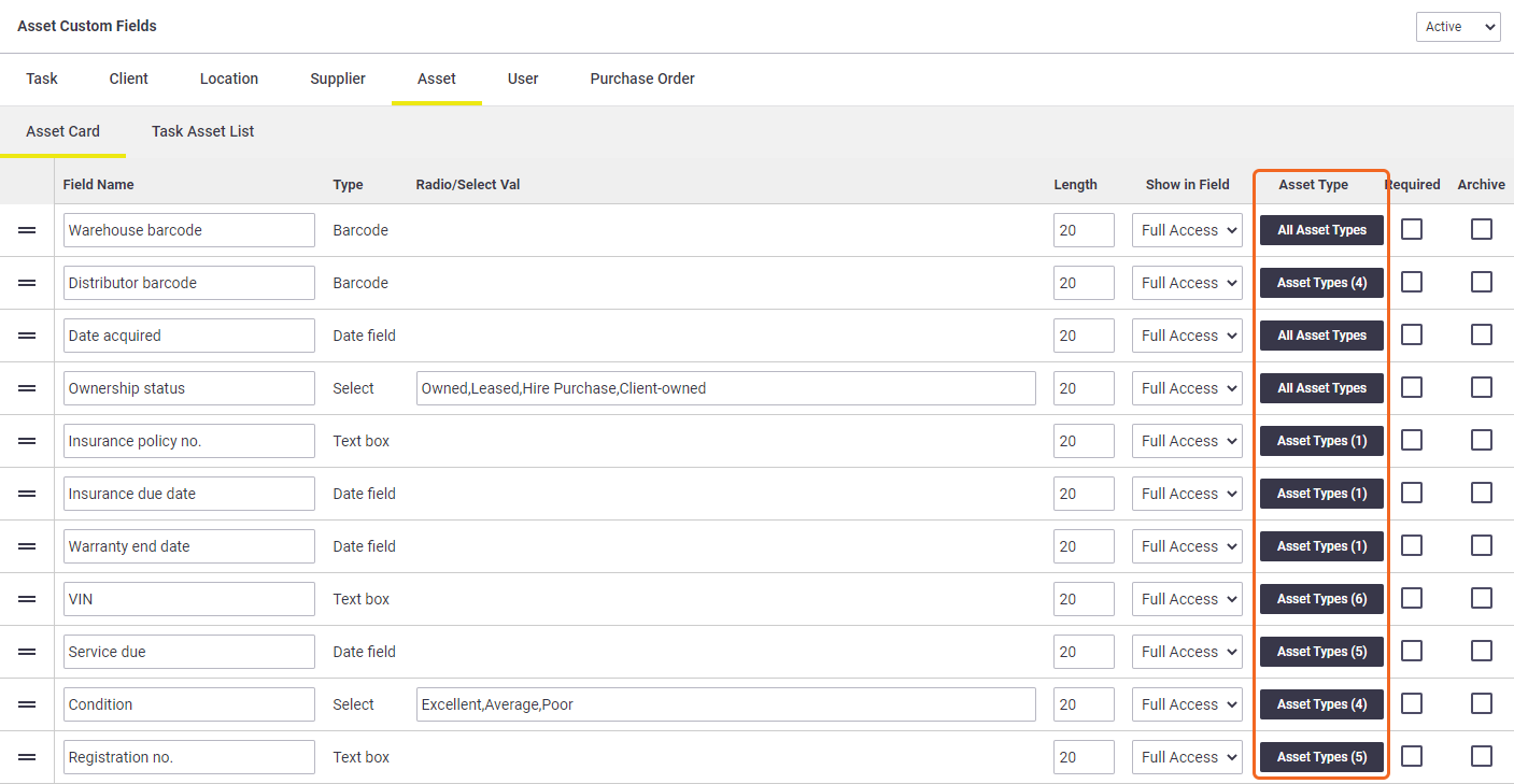 A screenshot in site administration showing asset custom fields with the Add Asset Types button highlighted in a column.