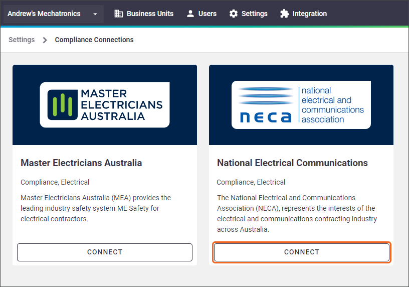 Screenshot of the Compliance Connections screen in site administration showing to click the Connect button the NECA card