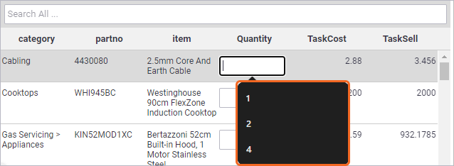 A screenshot of the add material inventory popup highlighting the autocomplete suggestions