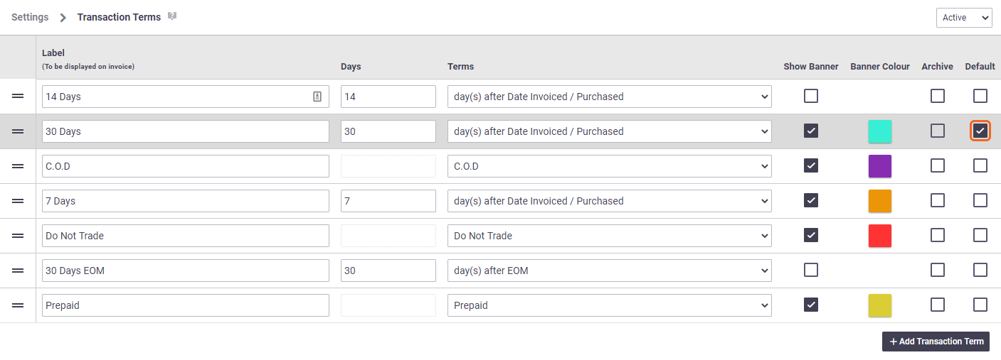 A screenshot of the transaction terms screen in Site Administration showing several transaction terms.