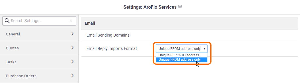 A screenshot of site administration settings focused on the Email Reply Imports Form dropdown with Unique FROM address only highlighted