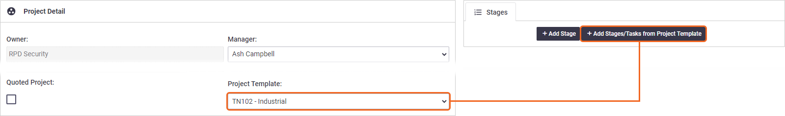 A modified screenshot of the Create Project Details screen highlighting the Project Template dropdown and its effect on the Add Tasks button.