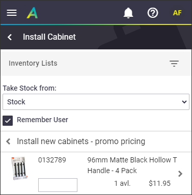 A screenshot showing a sample cabinet installation job with the required handle visible as it was added to the SOR List.