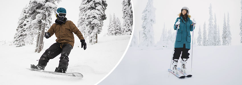 Split image of guy riding snowboard on left side and girl skiing on right