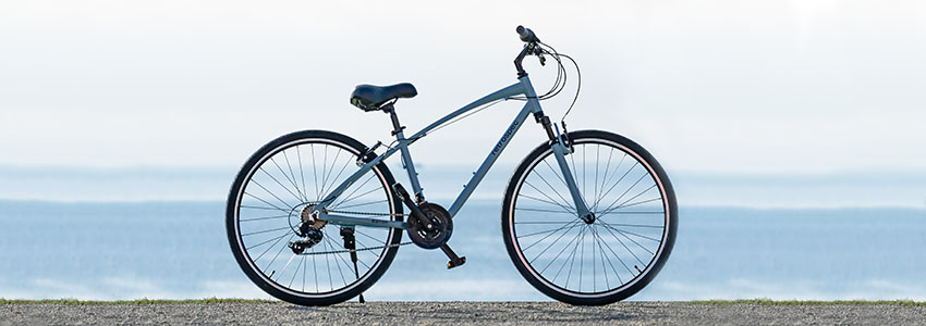 Blue Retrospec Barron Hybrid Bike in front of ocean