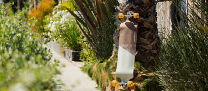 longboard with a wood deck and white geometric design propped up on a grass hill with palm trees
