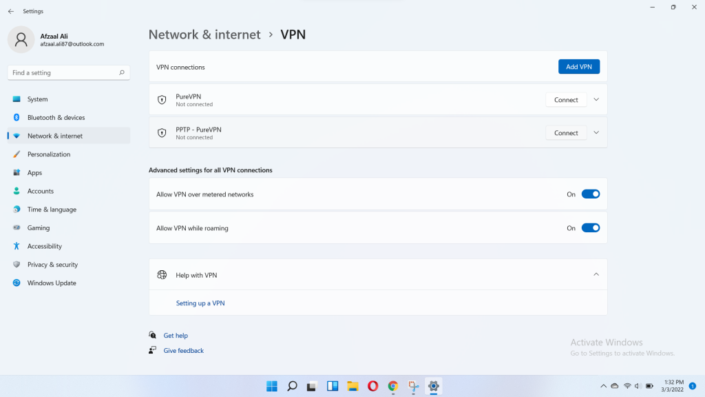 Once done, you will be able to see the newly created VPN profile.