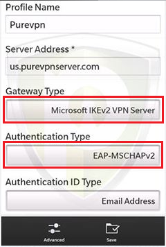 On "Gateway Type" select "Microsoft IKEv2 VPN server". Also on "Authentication Type" select "EAP-MSCHAPv2". Leave the "Authentication ID Type" field empty.