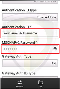 Scroll down, enter your PureVPN username: purevpn0sxxxxx in "Authentication ID field" and your password in "MSCHAPv2 Password" field.