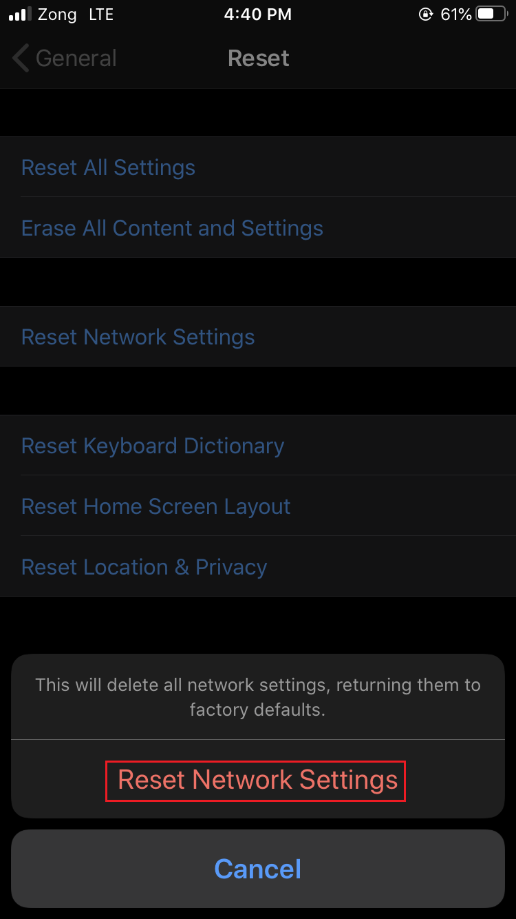 Tap Reset on iPhone