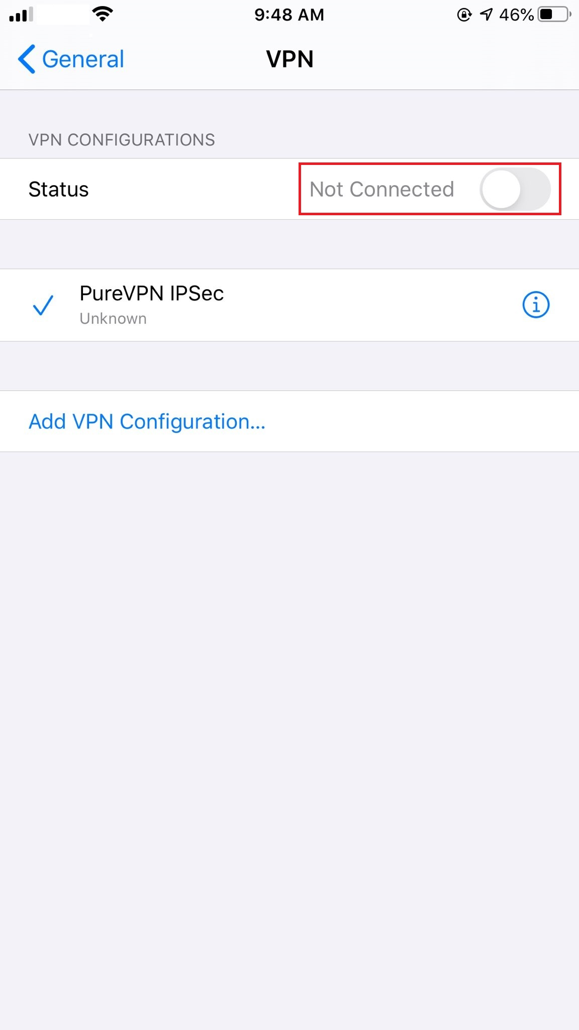 Toggle the Status to turn ON your VPN connection.
