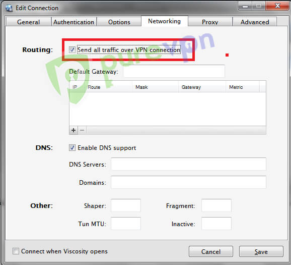 Go to Networking tab and under routing. Check "Send all traffic over VPN connection" then click "Save"