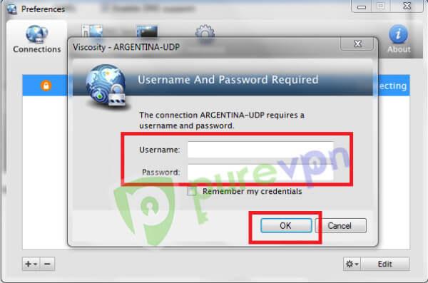 Right click on your imported file and click on connect. It will ask you VPN username and password so please enter PureVPN username and password.