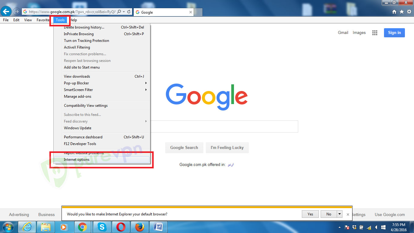 Open Internet Explorer, click on "Tools" and then select "Internet Options" 