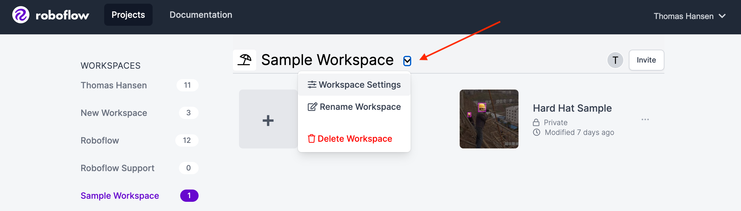 Interfaz de usuario de la página de inicio de Roboflow Workspace. Acceso a la configuración del espacio de trabajo.