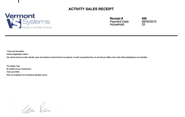 Receipt Example showing Electronic Signature
