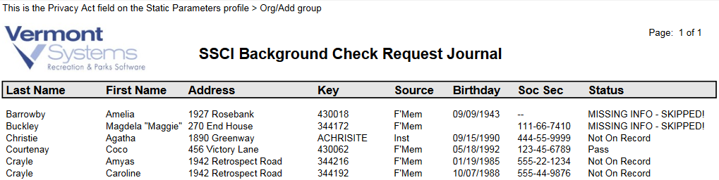 SSCI Background Check Journal Example showing data