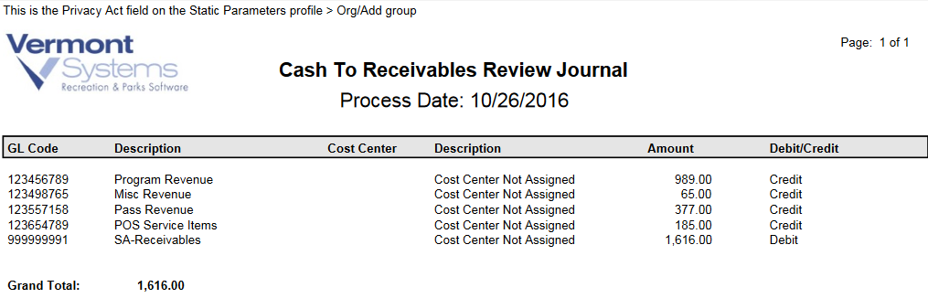 Image of the Cash to Receivables Conversion Journal