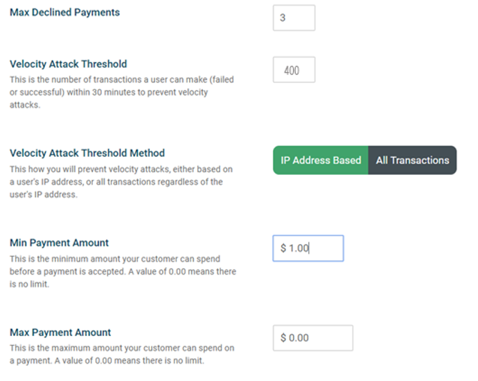 Payment Limits screen