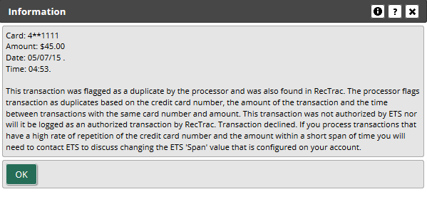 ETS Duplicate transaction information message