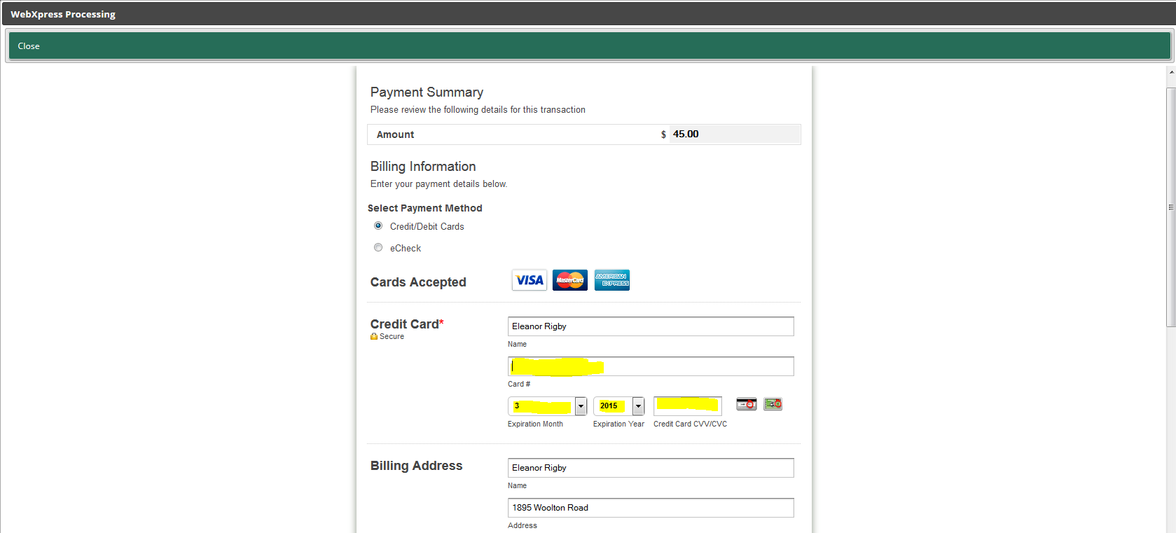 Payment processing PlugNPay WebXpress screen 1