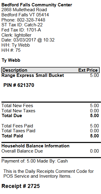 Sales Receipt showing Range Express PIN