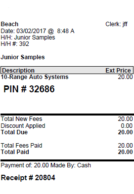 Sales Receipt showing Range Systems PIN
