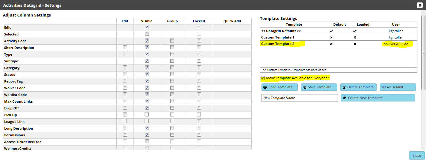 DataGrid Settings highlighting Custom Templates