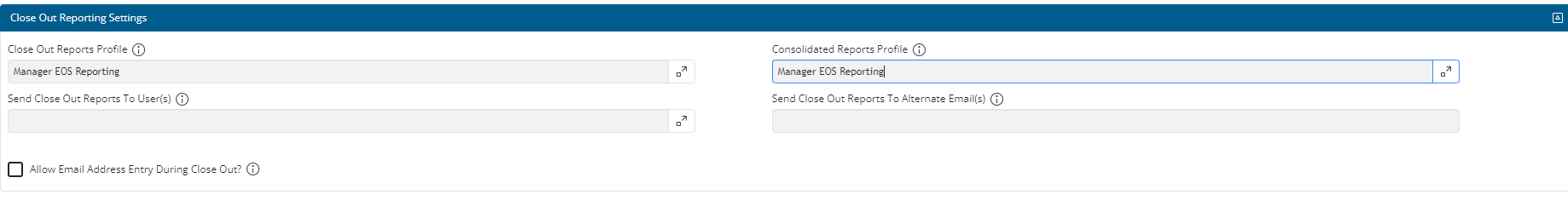 Close Out Reporting Settings