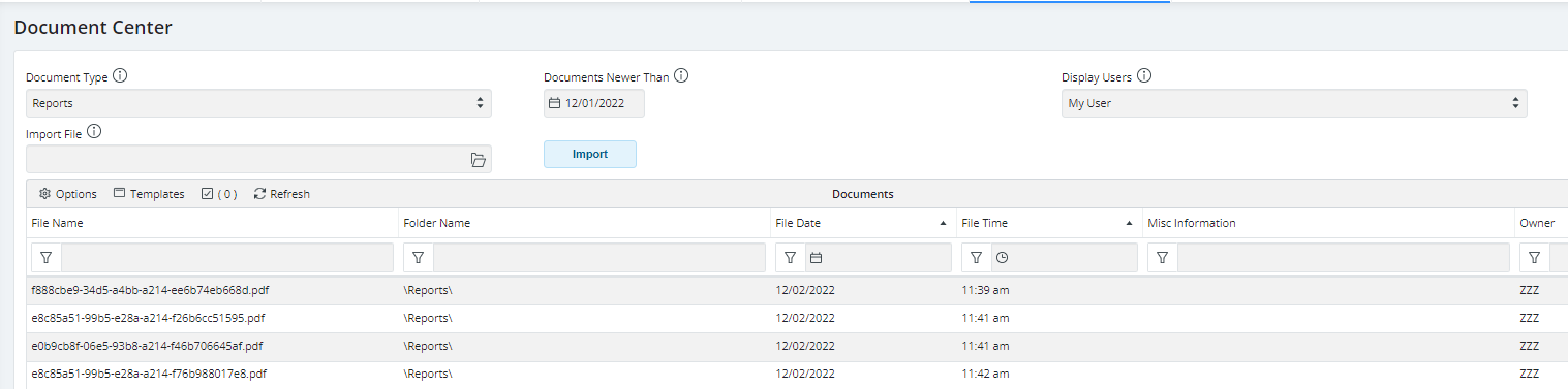Document Center DataGrid showing fitRewards Files