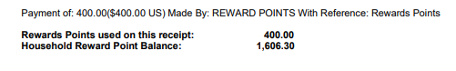 Sales receipt showing balance paid with Reward Points