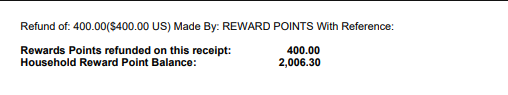 Sales receipt showing Reward Points refunded