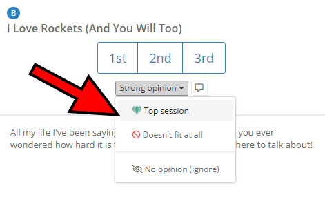Screenshot of rating a session as top or doesn't fit at all