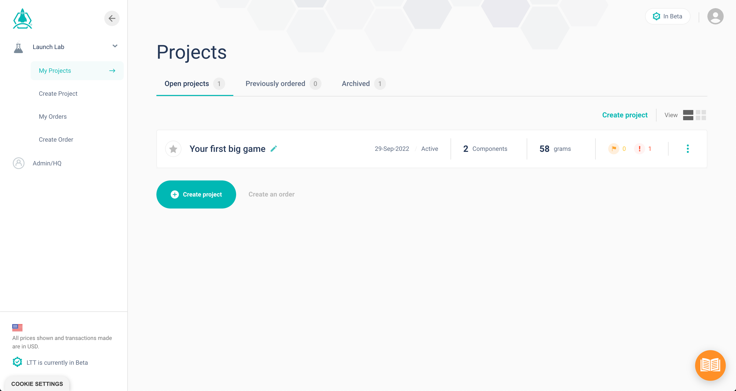 A screenshot of the My Projects screen in Launch Lab.