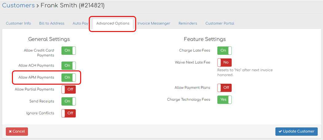 Image of a customer profile setting screen with various toggles