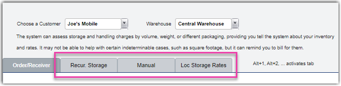 recurring storage charges configuration tabs