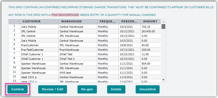 recurring storage charges admin window