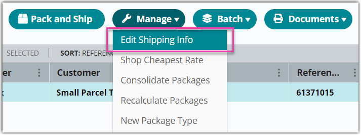 Small Parcel Manage menu showing the Edit Shipping Info option